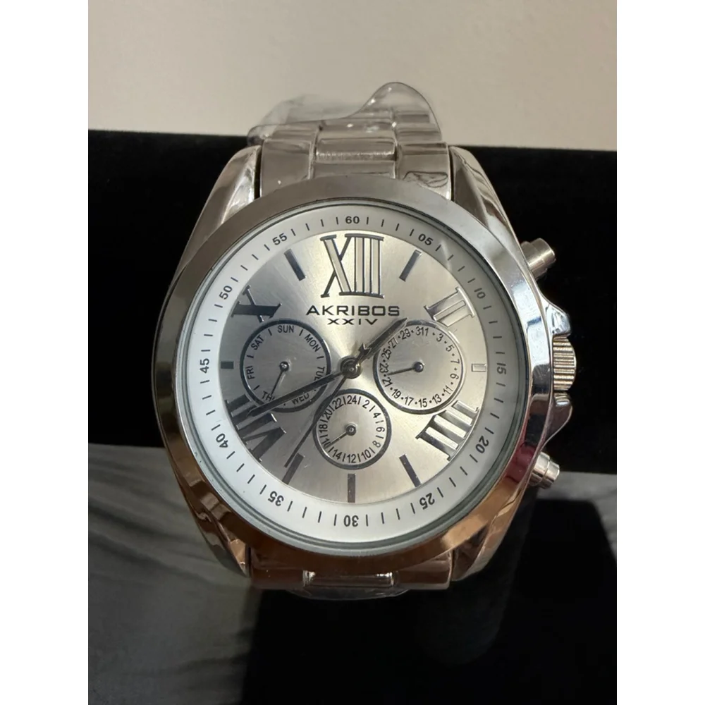 Akribos XXIV Men’s Watch Stainless Steel Chronograph Style Silver Dial New Needs